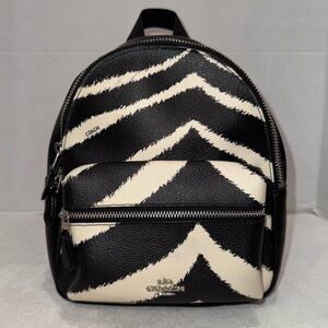 Coach Mini Charlie Backpack Black White Zebra Print Coated Canvas And Leather